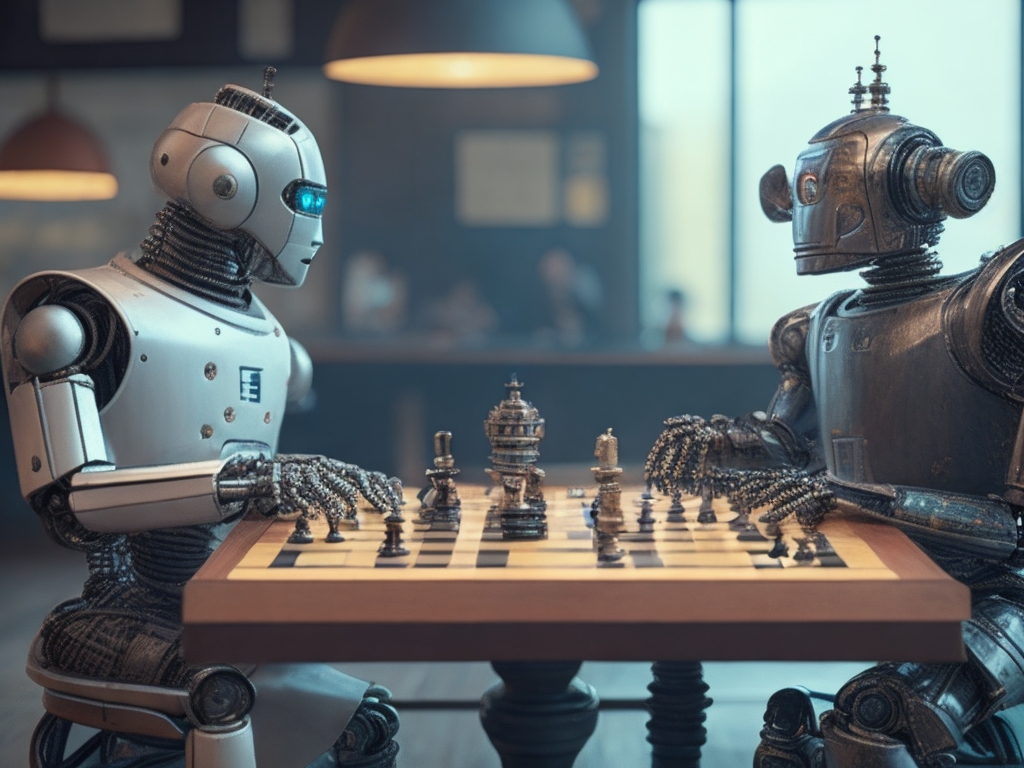 Ilustração de 2 robôs jogando xadrez.